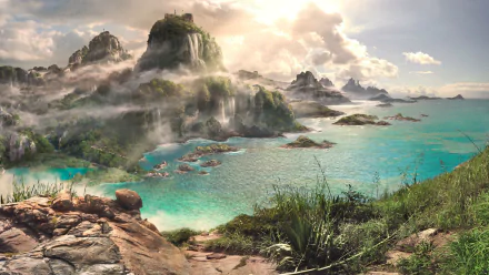 A vibrant HD fantasy landscape featuring crystal-clear water, lush grass, towering mountains, and dramatic clouds in a serene, otherworldly setting.