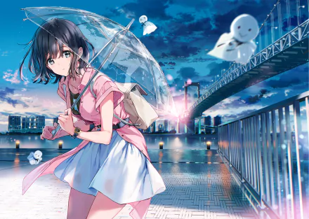 Anime girl holding a transparent umbrella, set against a vibrant cityscape at sunset. Floating ghost-like figures in the background add a whimsical touch. HD desktop wallpaper and background.
