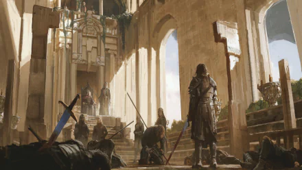 HD PC desktop wallpaper/background: a fantasy warrior in armor stands with a sword amid a sunlit hall while other armored figures kneel before a distant throne.