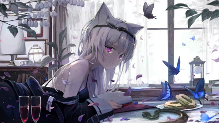 Anime girl with white hair and purple eyes, featuring animal ears, surrounded by butterflies, in a serene indoor setting, serves as a vivid HD desktop wallpaper.