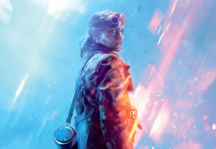 HD PC desktop wallpaper featuring a Battlefield V female soldier against a dynamic, fiery blue background from the video game Battlefield.