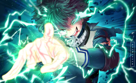 HD desktop wallpaper of Izuku Midoriya from My Hero Academia, emitting electric blue energy in a dynamic action pose.