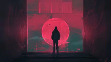 Artistic retrowave 4K Ultra HD desktop wallpaper showing a lone figure silhouetted against a vibrant neon red sun and dark cityscape background.