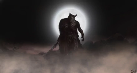4K Ultra HD PC desktop wallpaper: dark night scene of a towering werewolf warrior clutching a sword, silhouetted against a glowing full moon above a misty battlefield.