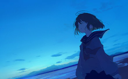 HD anime desktop wallpaper featuring an original artwork of a girl with short hair standing against a tranquil blue sky background.