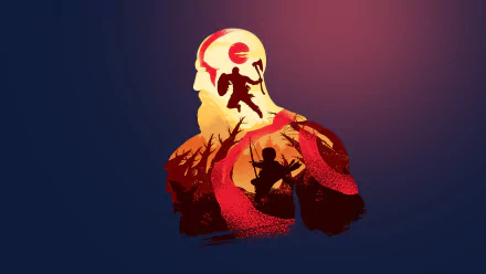 HD PC desktop wallpaper featuring Kratos and Atreus from the 2018 video game God of War, showcasing a stylized silhouette with dynamic action scenes inside.