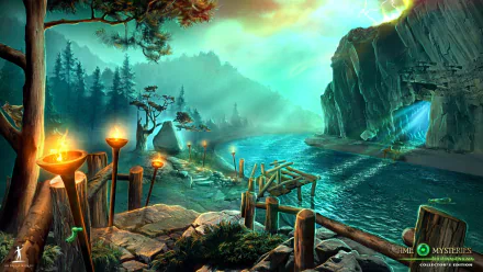 Time Mysteries torch dock path tree cave river video game Time Mysteries 3: The Final Enigma HD Desktop Wallpaper | Background Image
