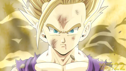 Gohan (Dragon Ball Z) close-up in Super Saiyan form, bruised and resolute, golden aura glowing — anime 4K Ultra HD PC wallpaper.
