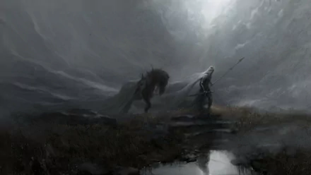Dark fantasy HD desktop wallpaper depicting a knight holding a spear beside a rearing horse under a stormy sky.
