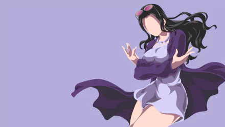 Minimalist 4K Ultra HD anime wallpaper featuring Nico Robin from One Piece with flowing dark hair and a purple outfit against a soft lavender background.