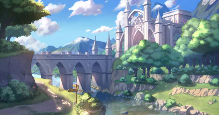 Anime-style HD wallpaper featuring a serene landscape with a majestic medieval castle, arched bridge, lush greenery, and a clear blue sky with fluffy clouds.