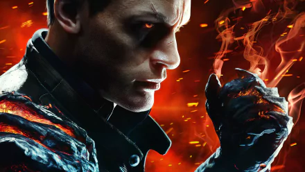 Close-up of a character from the video game Devil's Hunt, with glowing eyes and fiery effects, presented as a 4K Ultra HD PC desktop wallpaper and background.