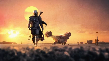 HD desktop wallpaper featuring The Mandalorian walking on a desert planet at sunset with a spaceship in the background, from the Star Wars TV show The Mandalorian.