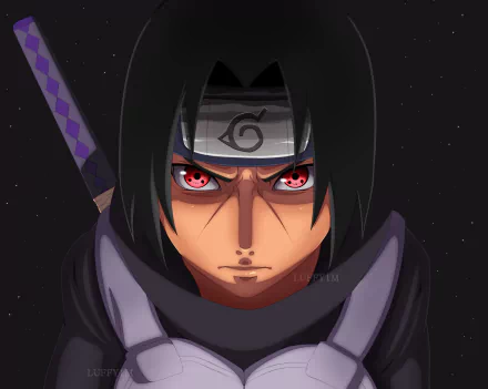 HD PC wallpaper featuring Itachi Uchiha from Naruto with his iconic Sharingan eyes glowing against a dark background.