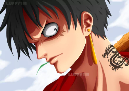 HD anime desktop wallpaper featuring Monkey D. Luffy from One Piece with intense eyes, a gold earring, tattoo on his shoulder, and a strand of grass in his mouth.