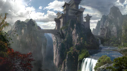 A stunning HD fantasy landscape of a mountain castle perched atop cliffs with waterfalls cascading below under a cloudy sky.