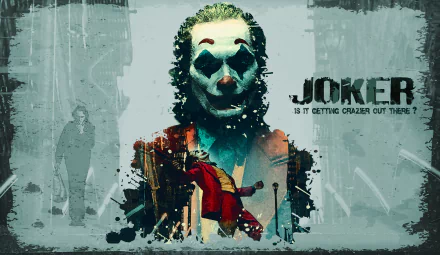 4K Ultra HD PC desktop wallpaper featuring a dark, artistic portrayal of the Joker from the movie, with grungy textures and the phrase Is it getting crazier out there?