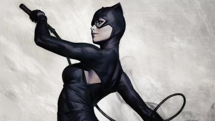 HD PC desktop wallpaper featuring Catwoman from DC Comics in her iconic black suit, holding her whip against a neutral background.