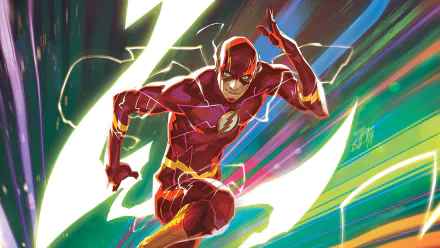 HD PC desktop wallpaper: Barry Allen (The Flash) sprinting in comic-art style, surrounded by lightning bolts and vibrant color speed trails.