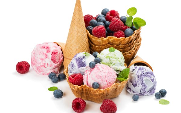 Food Ice Cream Raspberry Blueberry Berry Fruit Still Life Waffle Cone HD Wallpaper | Background Image