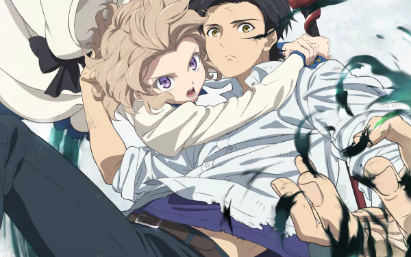 HD anime desktop wallpaper featuring Kurou Sakuragawa and Kotoko Iwanaga from Kyokou Suiri in a dynamic, action-packed scene.