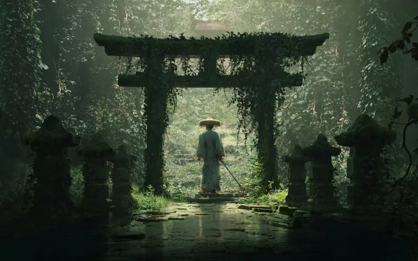 HD fantasy wallpaper depicting a samurai warrior standing in front of an overgrown Oriental shrine, evoking a mystical and ancient atmosphere.