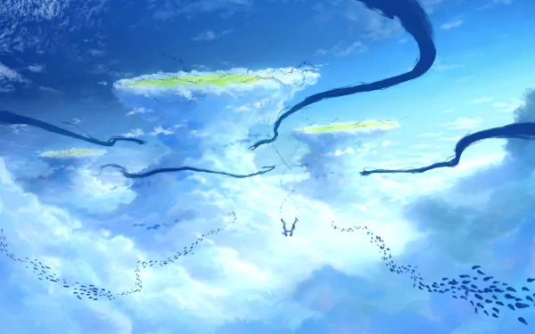 HD anime desktop wallpaper featuring Hina Amano and Hodaka Morishima from Weathering with You, set against a bright, expansive sky with swirling clouds and silhouettes.