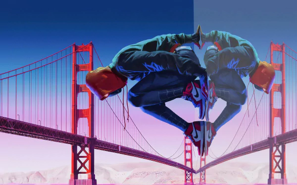 Miles Morales (Spider-Man) crouches above the Golden Gate Bridge with a mirrored reflection — 4K Ultra HD PC wallpaper inspired by the movie Spider-Man: Into the Spider-Verse.