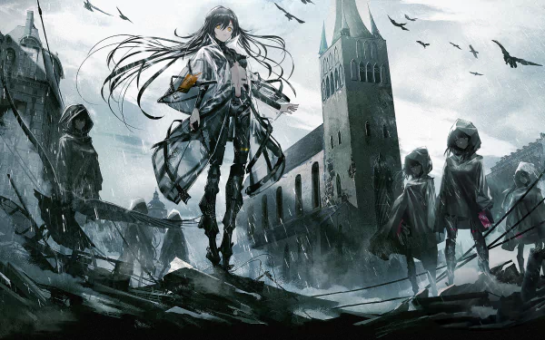 HD PC desktop wallpaper featuring characters from the video game Girls Frontline set against a dark, ruined cityscape with a towering gothic structure.