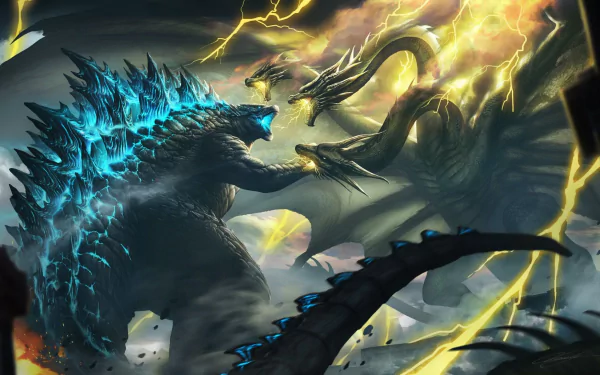 HD PC desktop wallpaper featuring an epic battle between Godzilla and King Ghidorah from the movie Godzilla: King of the Monsters.