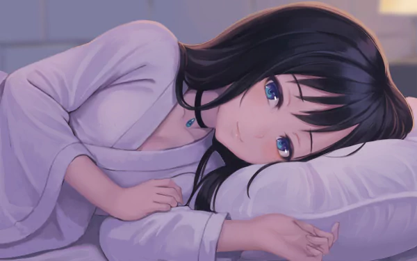 HD anime wallpaper of Hina Amano from Weathering with You, featuring her lying on a pillow with a serene expression and soft lighting.