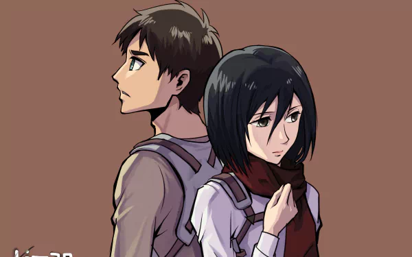 Anime wallpaper featuring Eren Yeager and Mikasa Ackerman from Attack on Titan in 4K Ultra HD for PC desktop background.