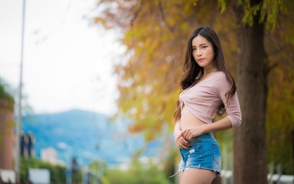 Women Asian Model Shorts Depth Of Field Brunette Long Hair HD Wallpaper | Background Image