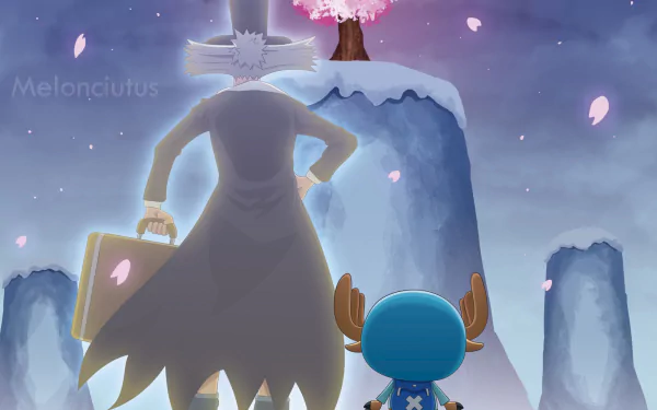 HD anime desktop wallpaper featuring Hiriluk and Tony Tony Chopper from One Piece under a snowy cherry blossom tree on a cliff.