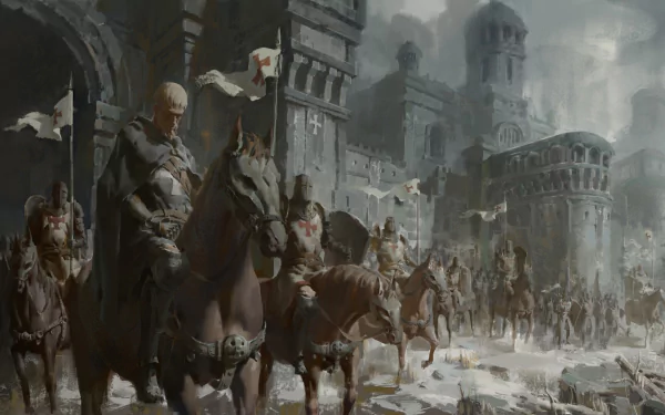 A fantasy HD desktop wallpaper depicting crusader knights on horseback in front of a towering medieval castle shrouded in mist.
