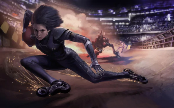 Cyborg Alita from the movie Alita: Battle Angel skates across a packed arena, crouched and ready to strike — dramatic action scene rendered as a 4K Ultra HD PC desktop wallpaper/background.