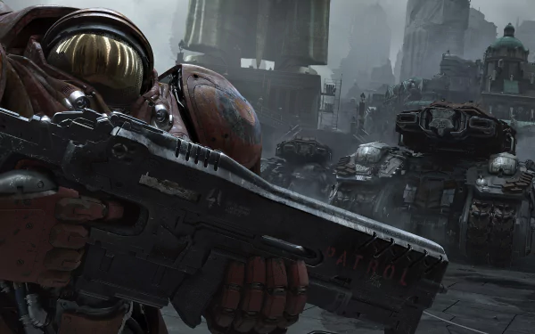 4K Ultra HD wallpaper featuring a Space Marine armed with a weapon in a dark, futuristic battlefield from StarCraft II: Heart of the Swarm video game.