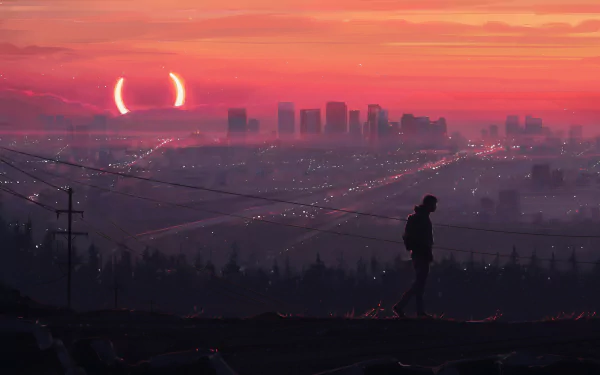 A man walks alone in the foreground of a cityscape during a stunning double sunset, captured in high definition. This image serves as a captivating desktop wallpaper and background.