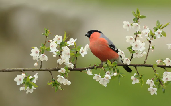 A vibrant bullfinch bird perched on a blossoming branch with white flowers, captured in a detailed HD desktop wallpaper.