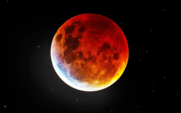 4K Ultra HD wallpaper showing a vivid blood moon against the blackness of space, highlighting natural lunar details and a glowing red hue.