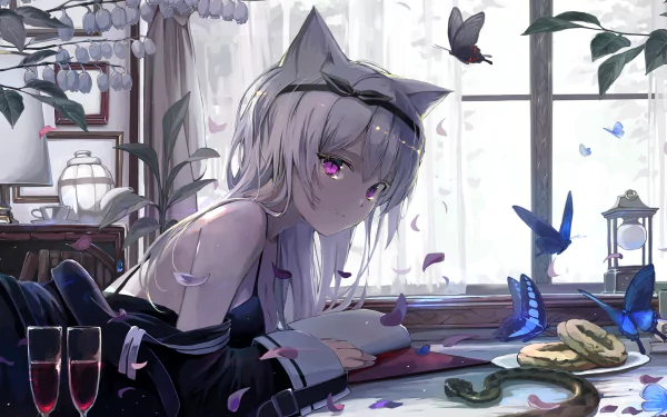 Anime girl with white hair and purple eyes, featuring animal ears, surrounded by butterflies, in a serene indoor setting, serves as a vivid HD desktop wallpaper.