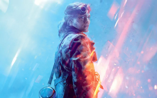 HD PC desktop wallpaper featuring a Battlefield V female soldier against a dynamic, fiery blue background from the video game Battlefield.