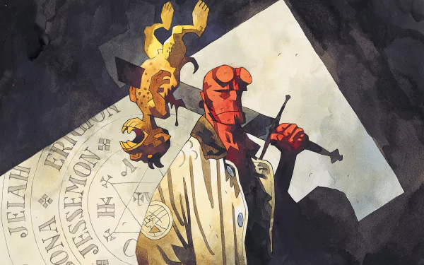 HD PC desktop wallpaper and background, comic-style Hellboy in a trench coat holding a sword over his shoulder, arcane sigils on a stone slab and dark rocky shadows.