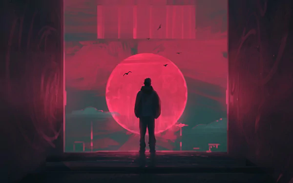 Artistic retrowave 4K Ultra HD desktop wallpaper showing a lone figure silhouetted against a vibrant neon red sun and dark cityscape background.
