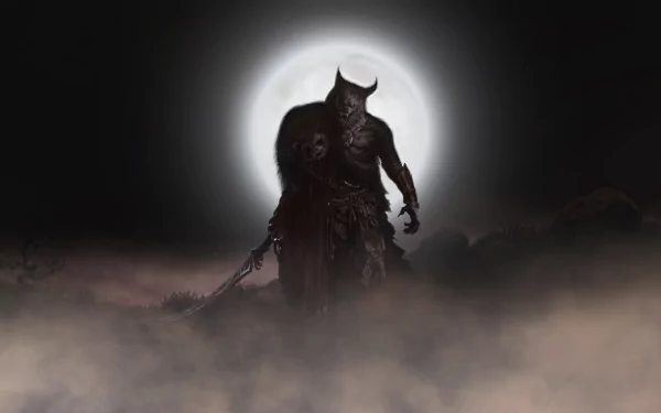 4K Ultra HD PC desktop wallpaper: dark night scene of a towering werewolf warrior clutching a sword, silhouetted against a glowing full moon above a misty battlefield.