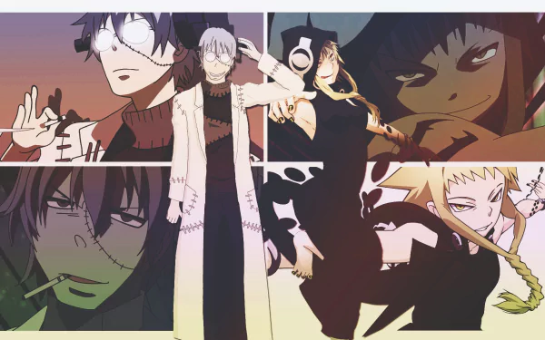 HD anime desktop wallpaper featuring Franken Stein and Medusa Gorgon from Soul Eater in dynamic poses with a dark, intense background.