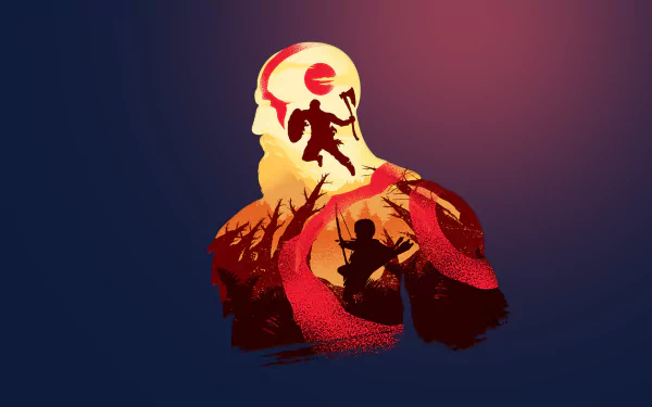 HD PC desktop wallpaper featuring Kratos and Atreus from the 2018 video game God of War, showcasing a stylized silhouette with dynamic action scenes inside.