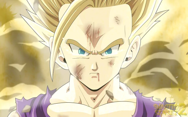 Gohan (Dragon Ball Z) close-up in Super Saiyan form, bruised and resolute, golden aura glowing — anime 4K Ultra HD PC wallpaper.