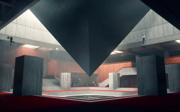 HD PC desktop wallpaper featuring a mysterious, angular interior scene from the video game Control, showcasing geometric architecture and atmospheric lighting.