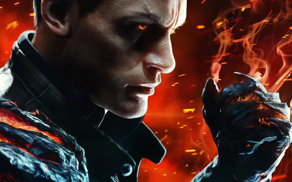 Close-up of a character from the video game Devil's Hunt, with glowing eyes and fiery effects, presented as a 4K Ultra HD PC desktop wallpaper and background.